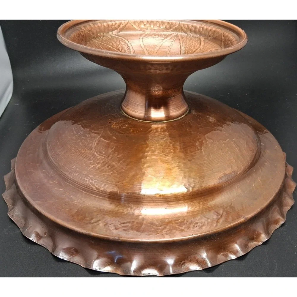 Vintage Embossed Copper Pedestal Compote Bowl w/Scalloped Edge